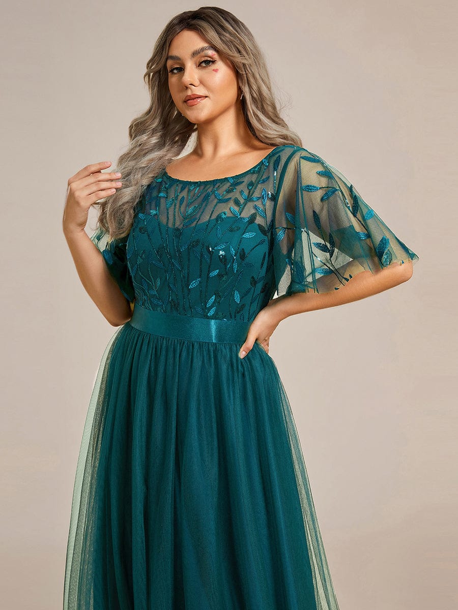 Women's A-Line Sequin Leaf Maxi Prom Dress with Sleeves #color_Teal