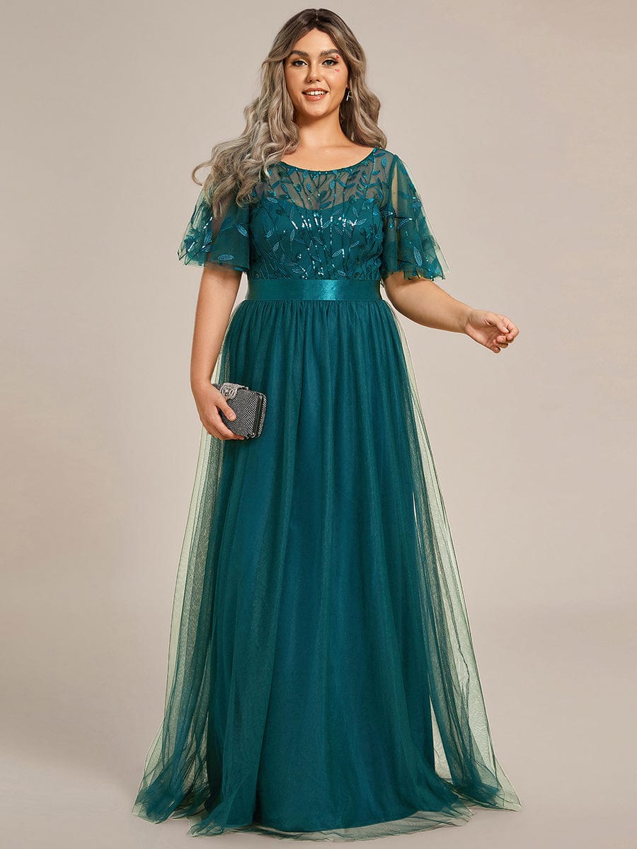 Women's A-Line Sequin Leaf Maxi Prom Dress with Sleeves #color_Teal