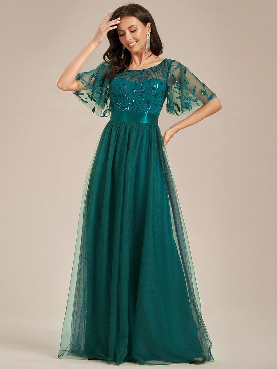 Women's A-Line Sequin Leaf Maxi Prom Dress with Sleeves #color_Teal