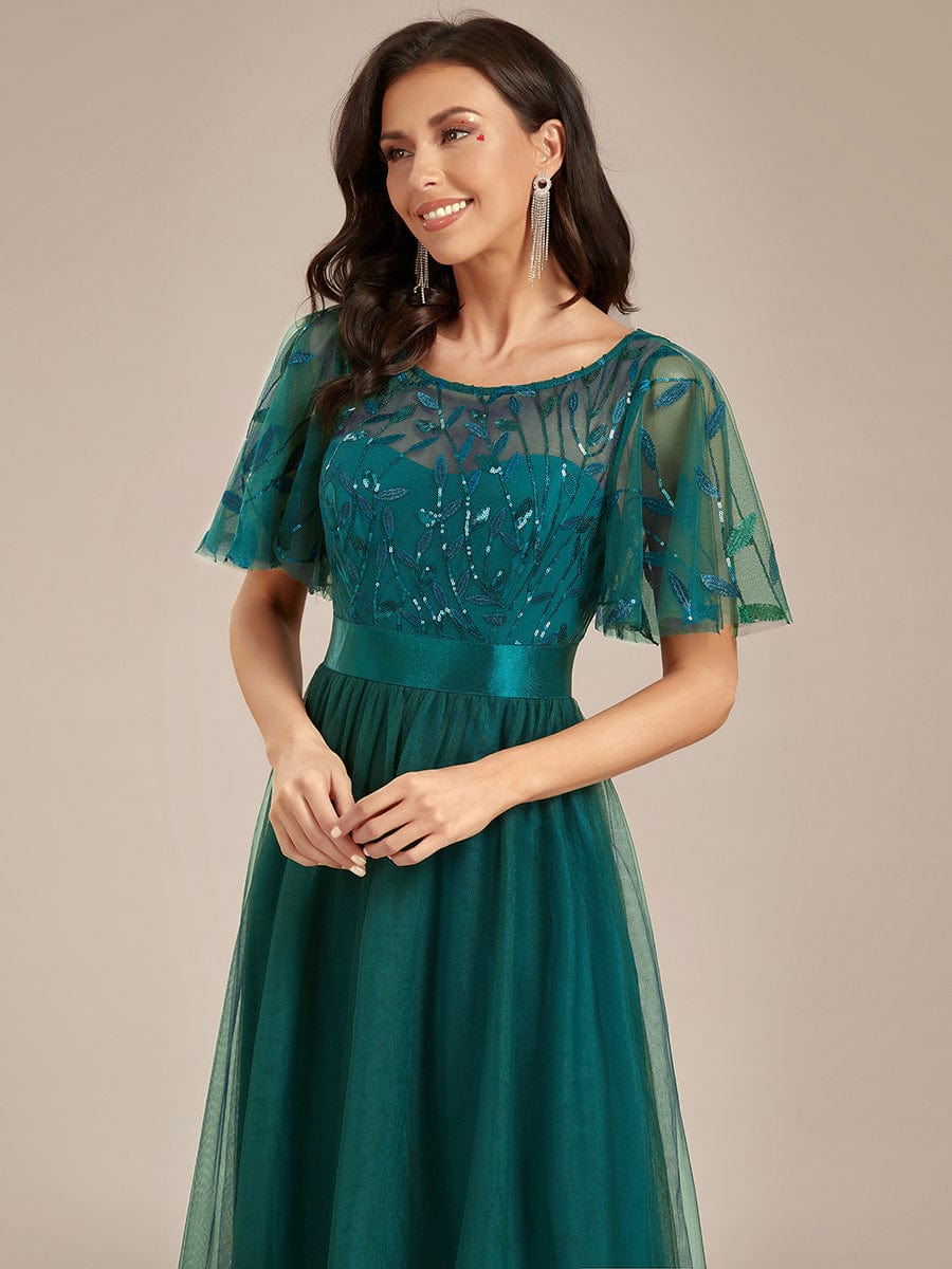 Women's A-Line Sequin Leaf Maxi Prom Dress with Sleeves #color_Teal