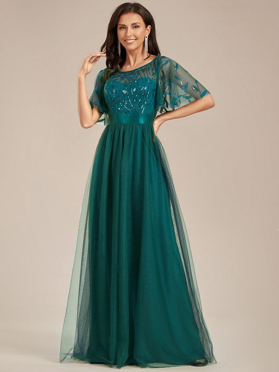 Women's A-Line Sequin Leaf Maxi Prom Dress with Sleeves #color_Teal