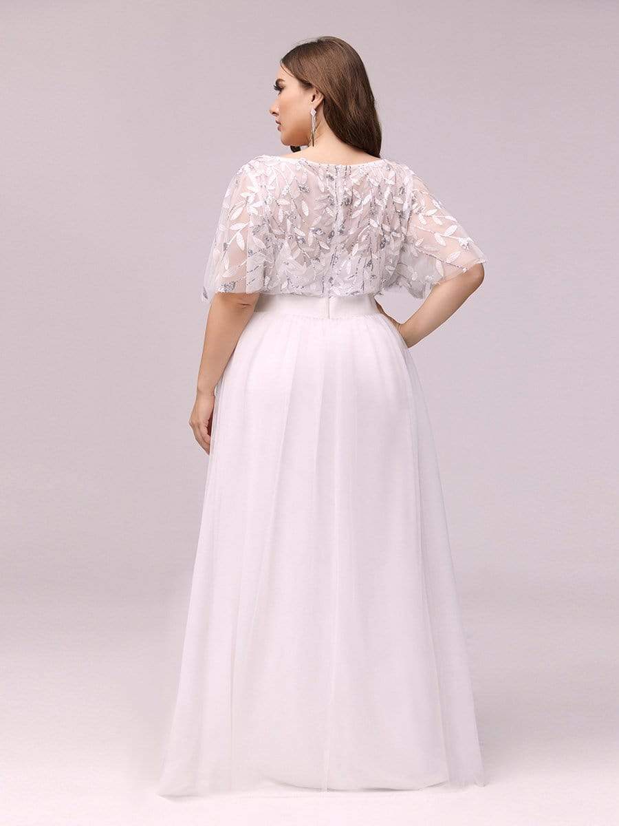 Plus Size Women's Embroidery Evening Dresses with Short Sleeve #color_White 