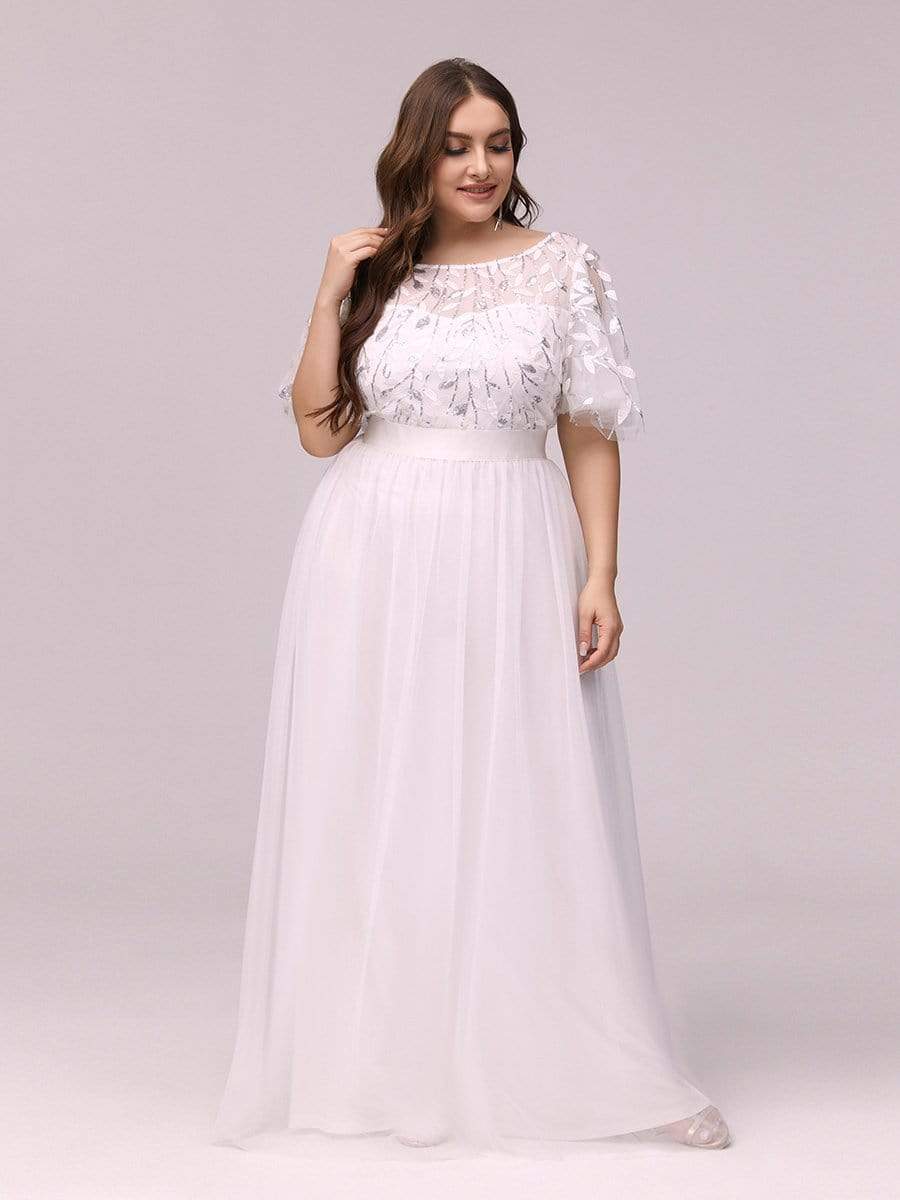 Plus Size Women's Embroidery Evening Dresses with Short Sleeve #color_White 