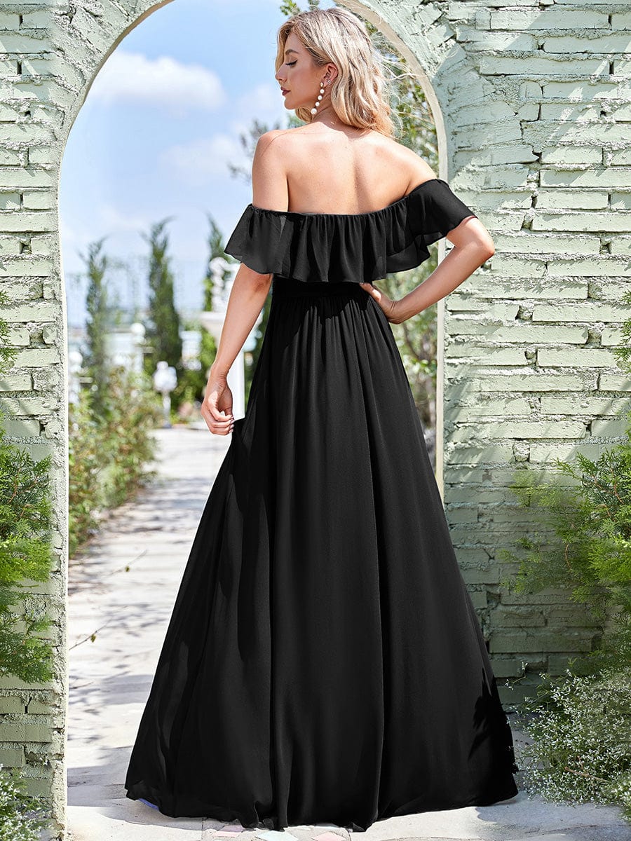 Custom Size Chiffon Ruffle Off Shoulder Thigh Split Bridesmaid Dresses #color_Black