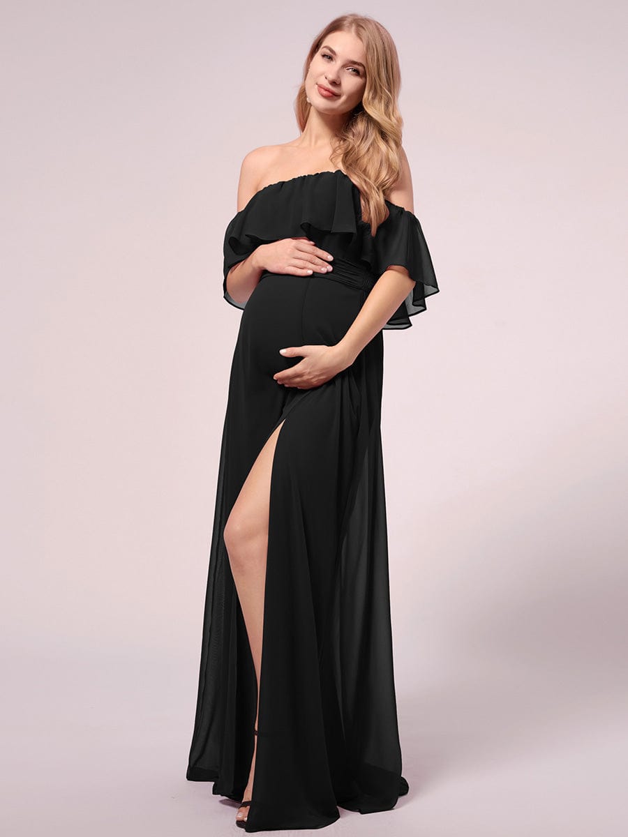 Maxi Chiffon Off the Shoulder Ruffled Maternity Evening Dress #color_Black