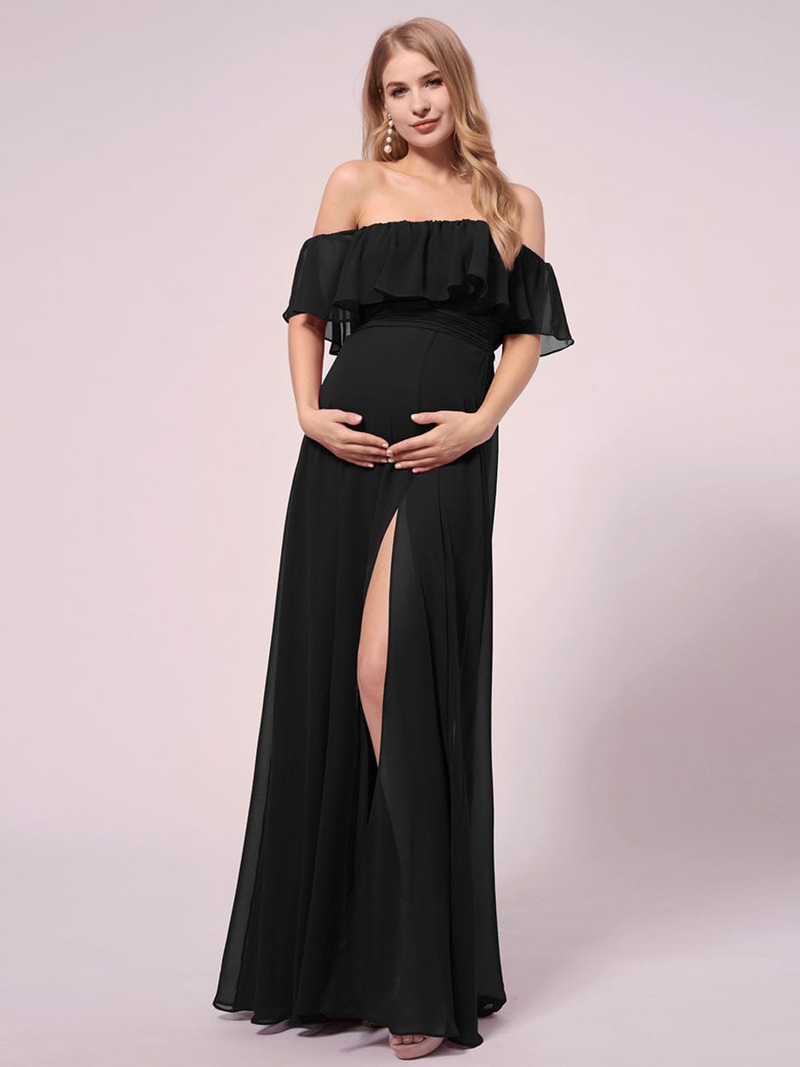 Maxi Chiffon Off the Shoulder Ruffled Maternity Evening Dress #color_Black