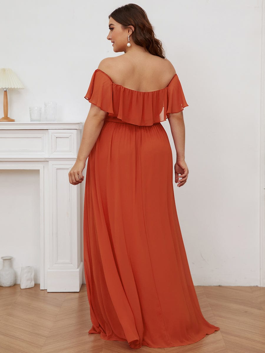 Off the Shoulder Ruffle Bodice Long Flowy Chiffon Bridesmaid Dress #color_Burnt Orange 