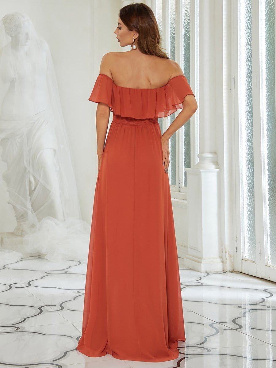 Women's Off Shoulder Ruffle Thigh Split Bridesmaid Dresses #color_Burnt Orange 