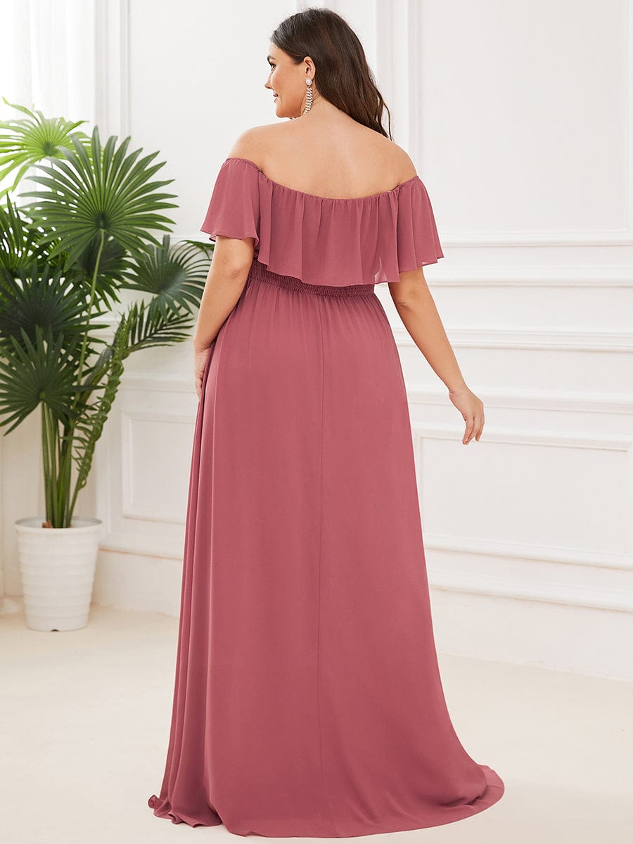 Plus Size Off the Shoulder Formal Bridesmaid Dress with Thigh Split #color_Cameo Brown