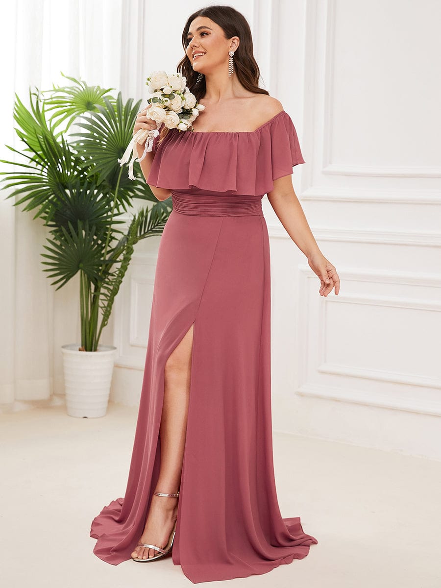 Plus Size Off the Shoulder Formal Bridesmaid Dress with Thigh Split #color_Cameo Brown