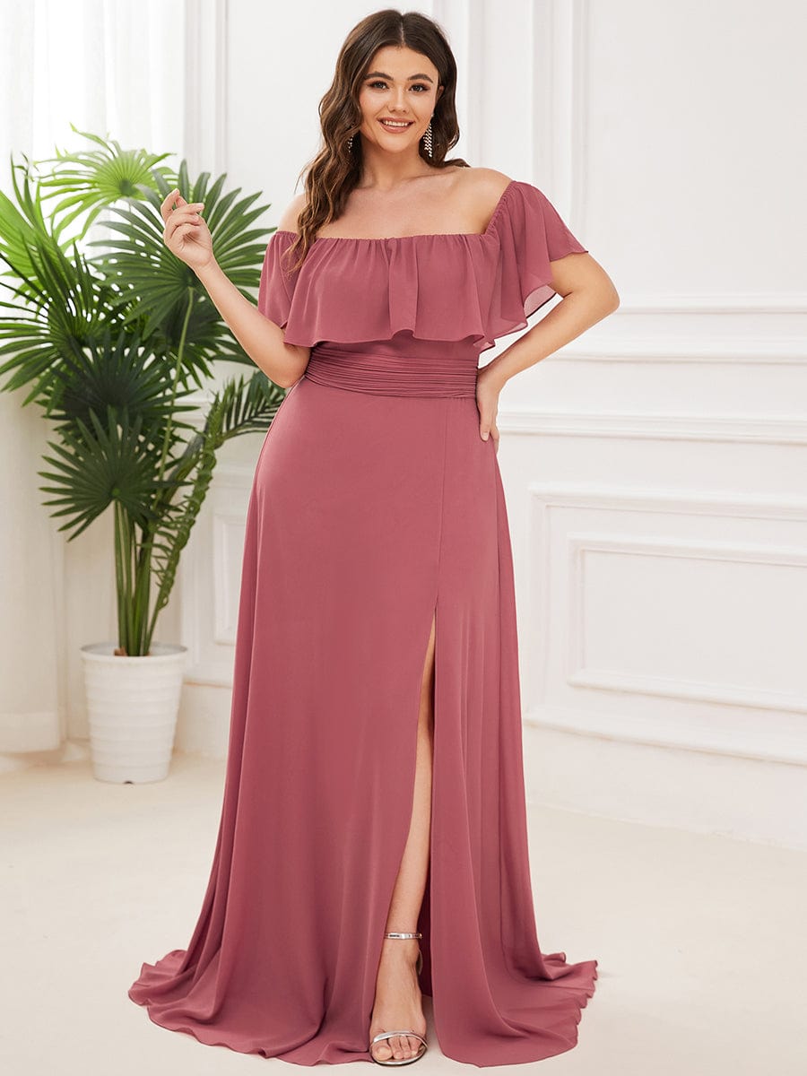 Plus Size Off the Shoulder Formal Bridesmaid Dress with Thigh Split #color_Cameo Brown