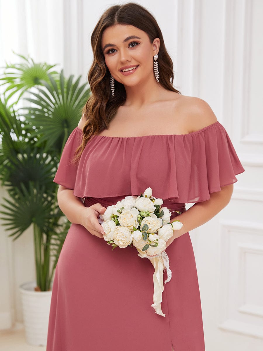 Plus Size Off the Shoulder Formal Bridesmaid Dress with Thigh Split #color_Cameo Brown