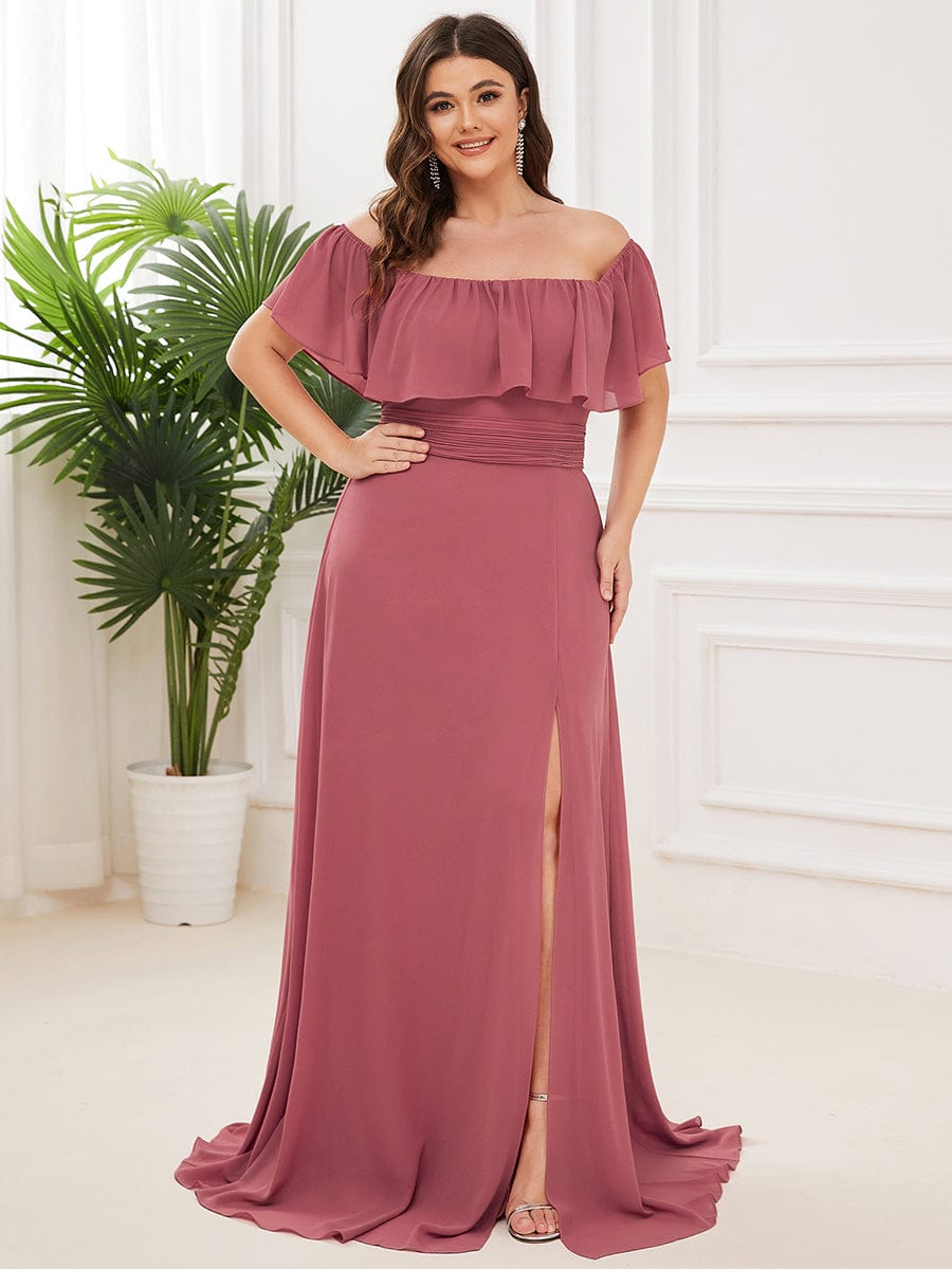 Plus Size Off the Shoulder Formal Bridesmaid Dress with Thigh Split #color_Cameo Brown