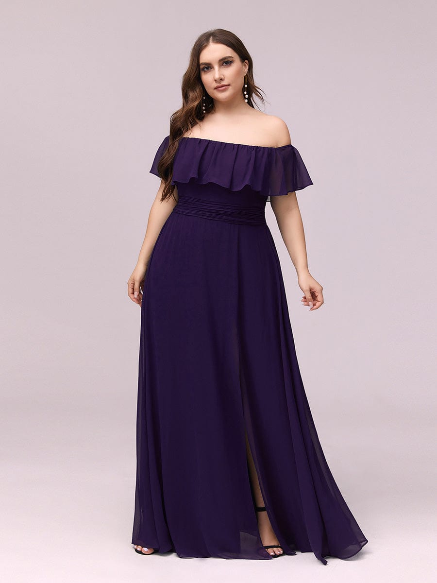 Plus Size Off the Shoulder Formal Bridesmaid Dress with Thigh Split #color_Dark Purple 