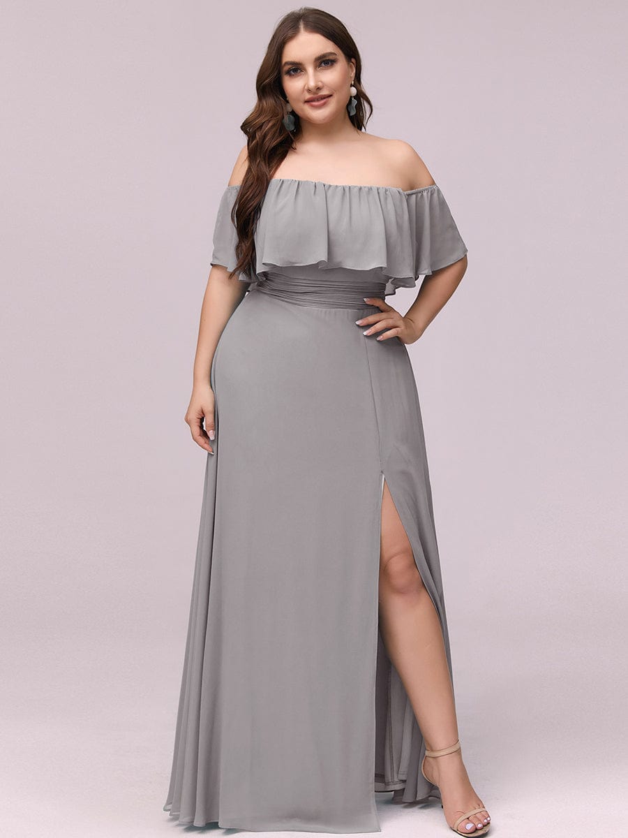 Plus Size Off the Shoulder Formal Bridesmaid Dress with Thigh Split #color_Grey 