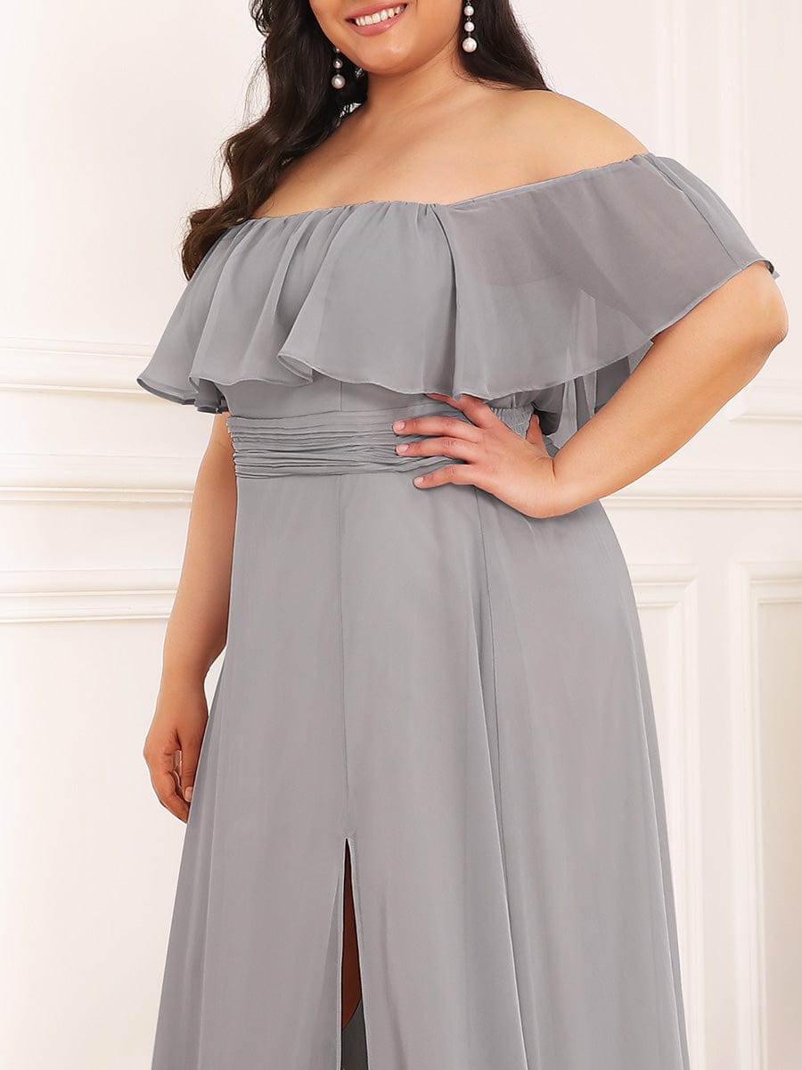 Plus Size Off the Shoulder Formal Bridesmaid Dress with Thigh Split #color_Grey 