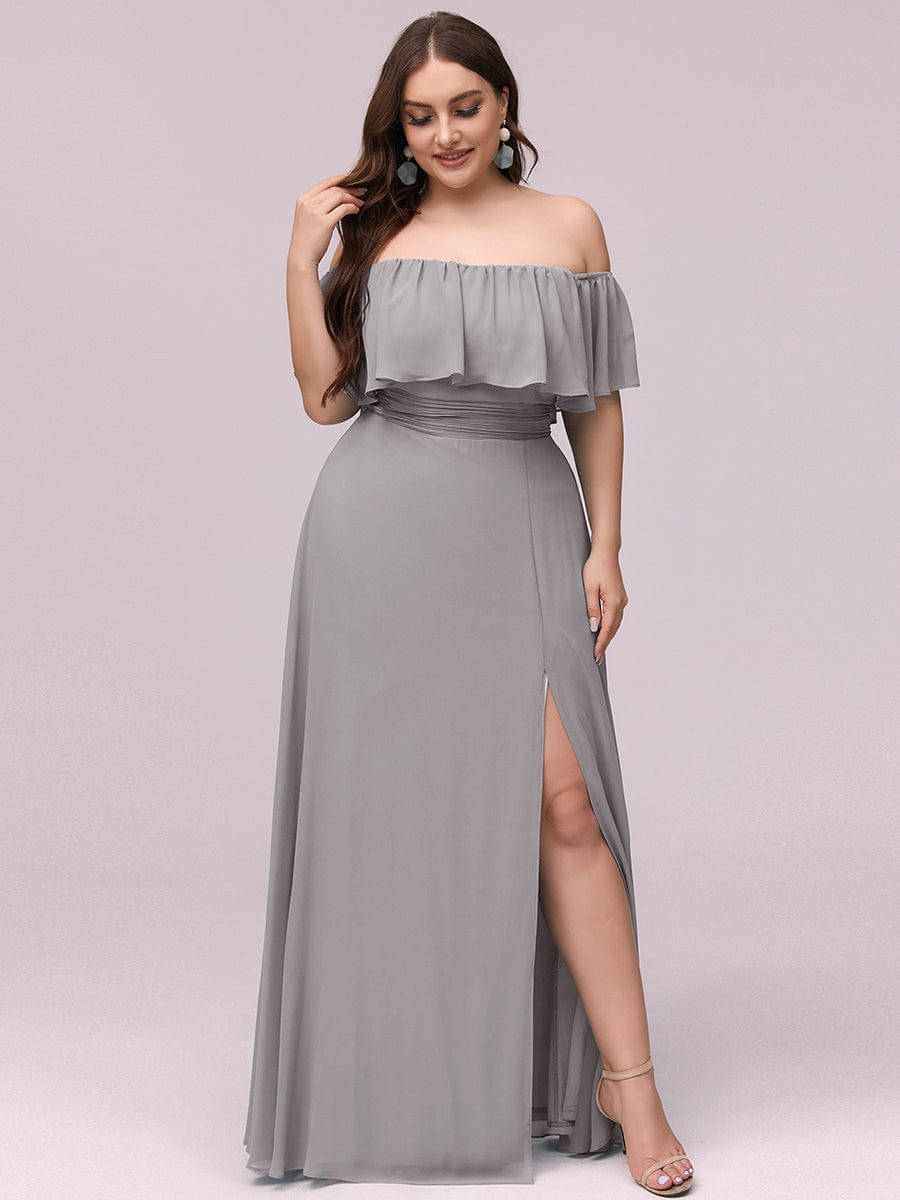 Plus Size Off the Shoulder Formal Bridesmaid Dress with Thigh Split #color_Grey 