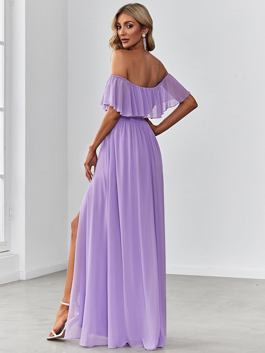 Off the Shoulder Ruffle Bodice Long Flowy Chiffon Bridesmaid Dress #color_Lavender 