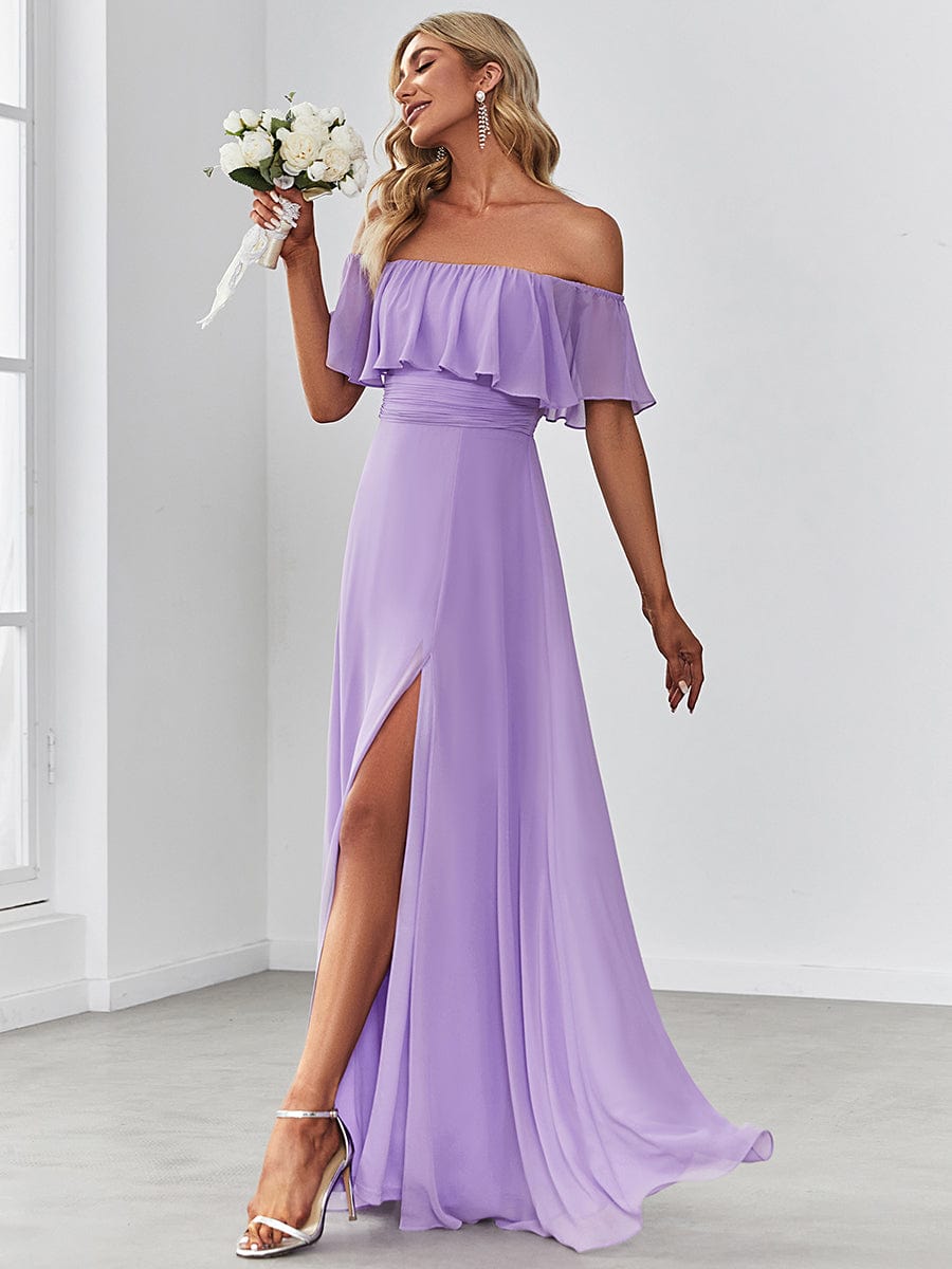 Off the Shoulder Ruffle Bodice Long Flowy Chiffon Bridesmaid Dress #color_Lavender 
