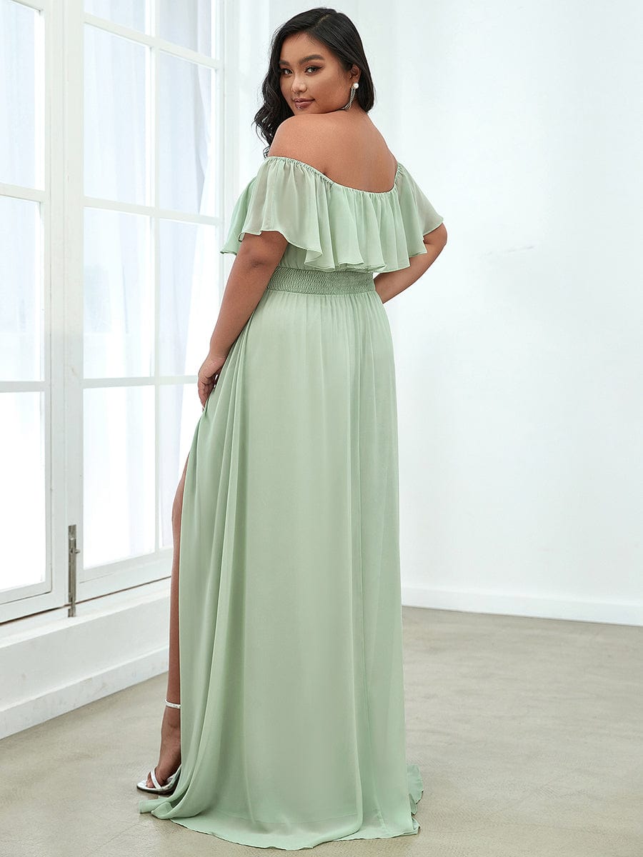 Off the Shoulder Ruffle Bodice Long Flowy Chiffon Bridesmaid Dress #color_Mint Green 