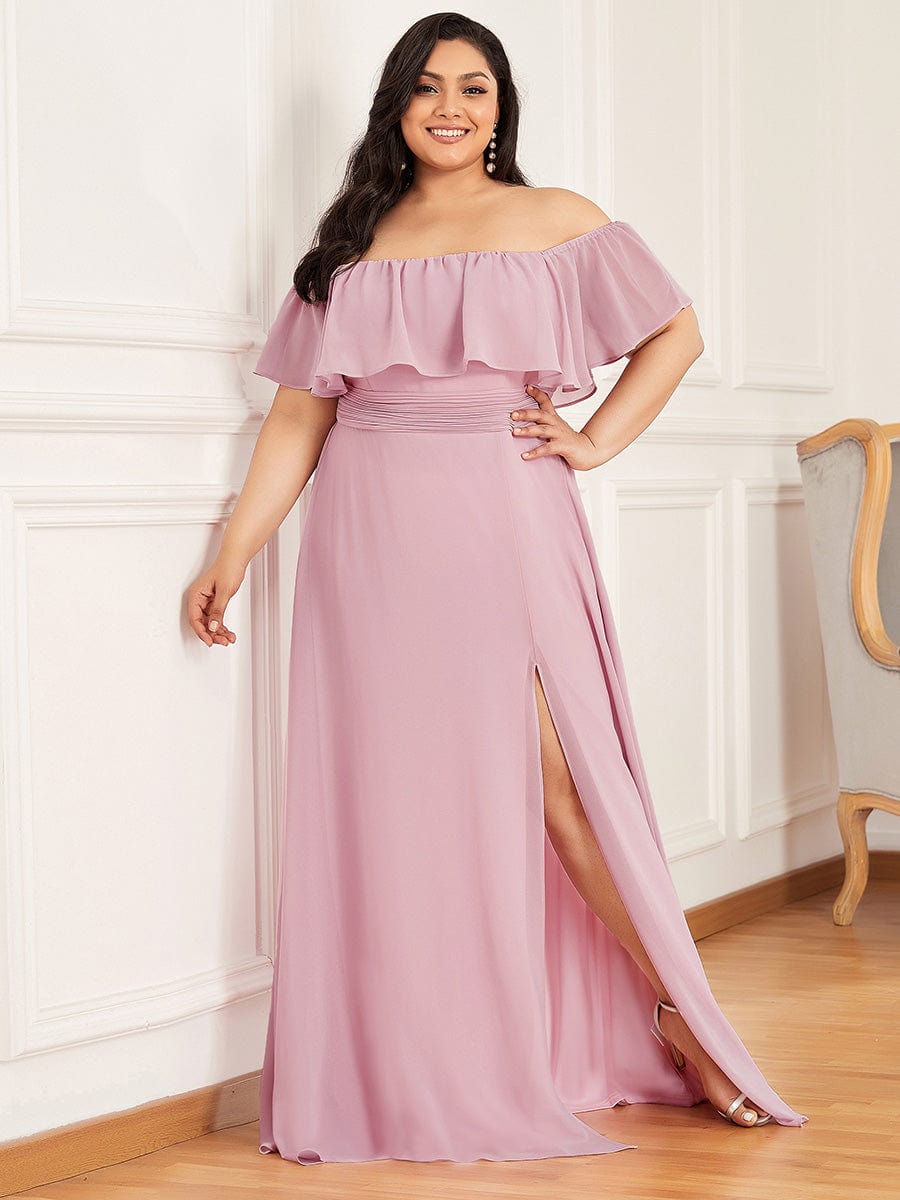 Plus Size Off the Shoulder Formal Bridesmaid Dress with Thigh Split #color_Mauve