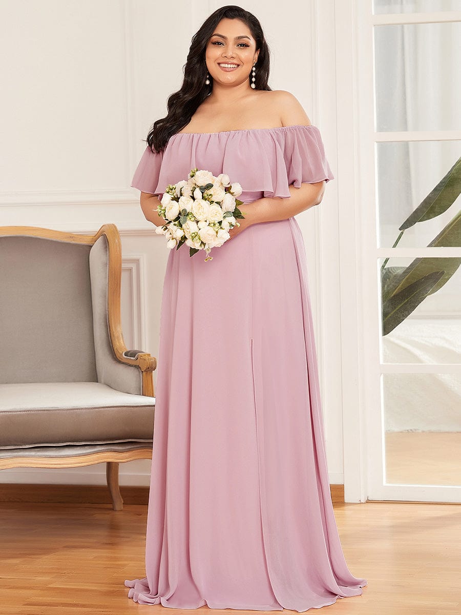 Plus Size Off the Shoulder Formal Bridesmaid Dress with Thigh Split #color_Mauve