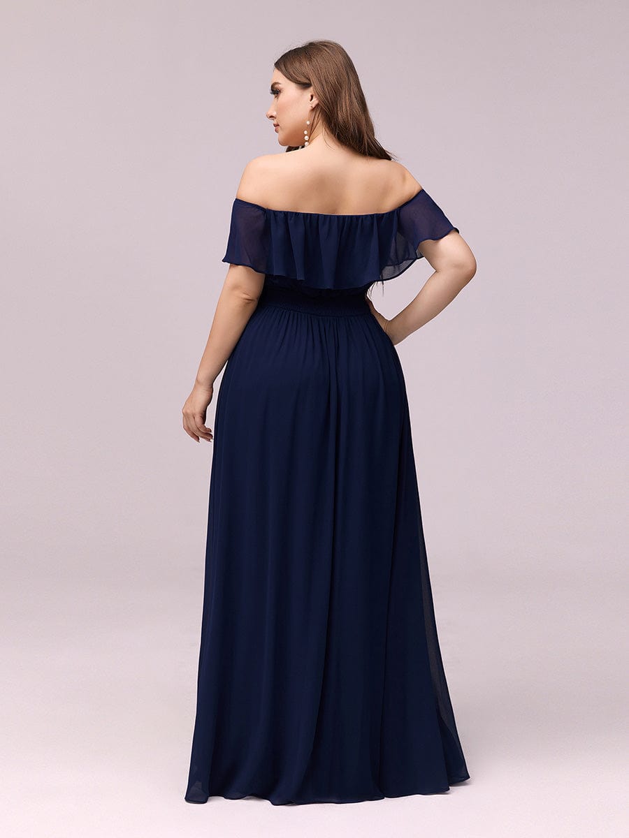 Plus Size Off the Shoulder Formal Bridesmaid Dress with Thigh Split #color_Navy Blue 