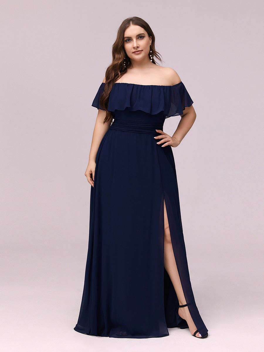 Plus Size Off the Shoulder Formal Bridesmaid Dress with Thigh Split #color_Navy Blue 