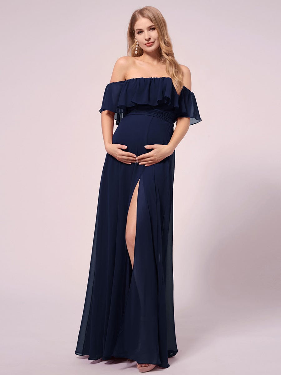 Maxi Chiffon Off the Shoulder Ruffled Maternity Evening Dress #color_Navy Blue