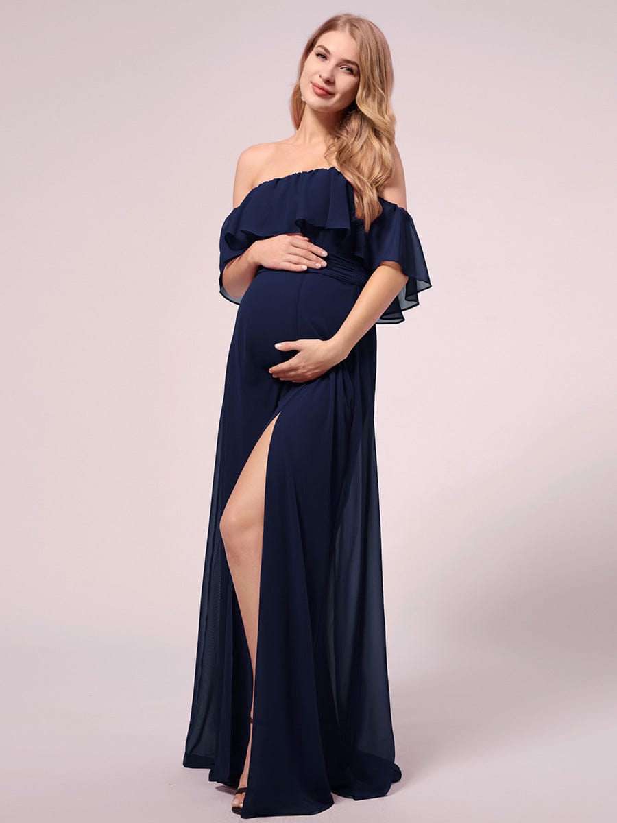 Maxi Chiffon Off the Shoulder Ruffled Maternity Evening Dress #color_Navy Blue