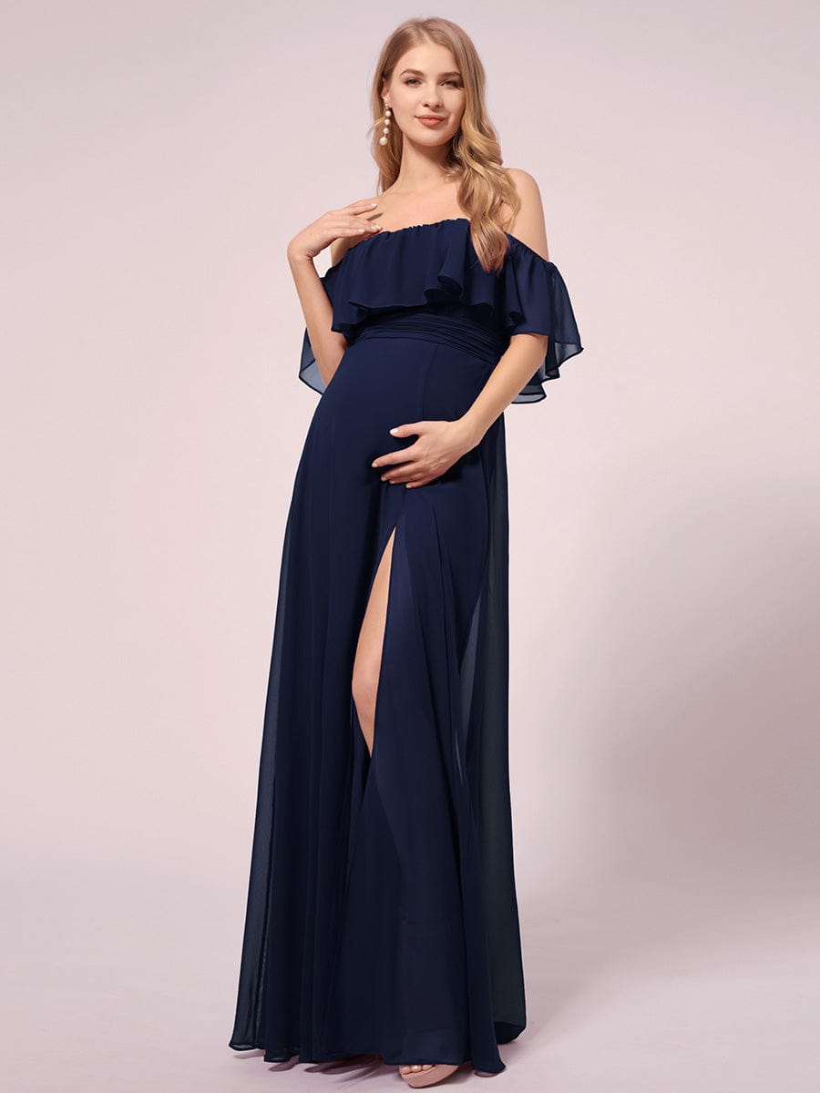 Maxi Chiffon Off the Shoulder Ruffled Maternity Evening Dress #color_Navy Blue