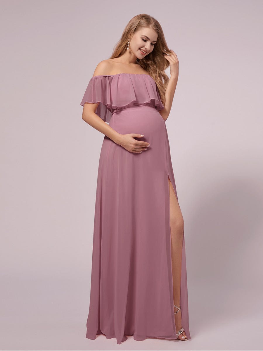 Maxi Chiffon Off the Shoulder Ruffled Maternity Evening Dress #color_Purple Orchid