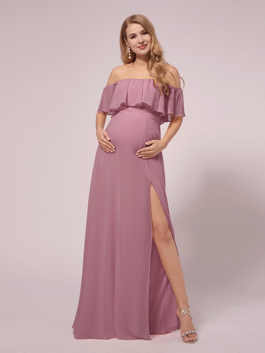 Maxi Chiffon Off the Shoulder Ruffled Maternity Evening Dress #color_Purple Orchid