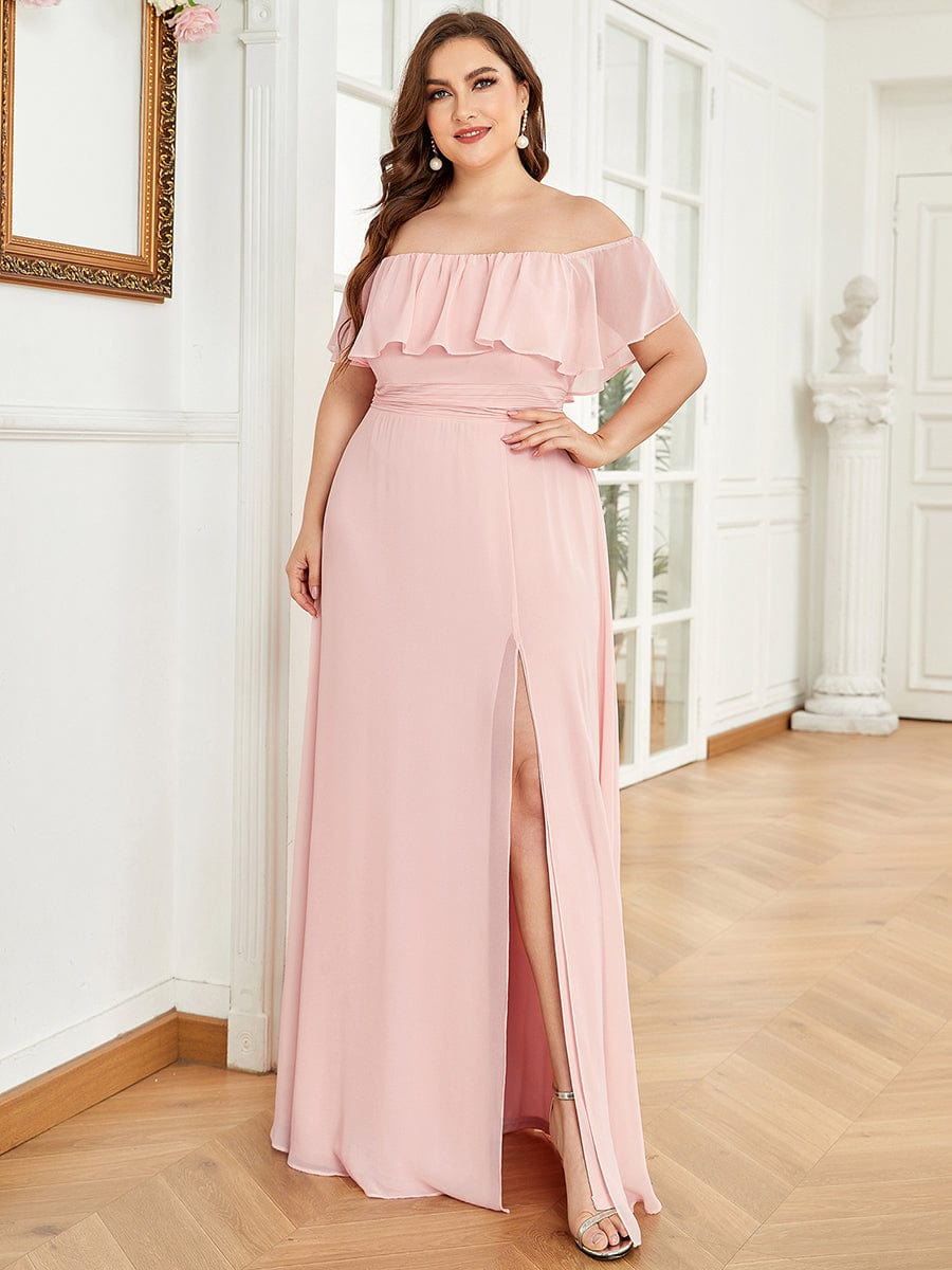 Off the Shoulder Ruffle Bodice Long Flowy Chiffon Bridesmaid Dress #color_Pink 