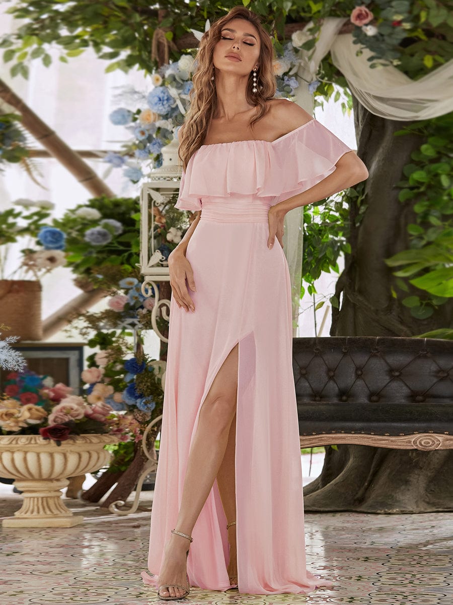 Off the Shoulder Ruffle Bodice Long Flowy Chiffon Bridesmaid Dress #color_Pink 