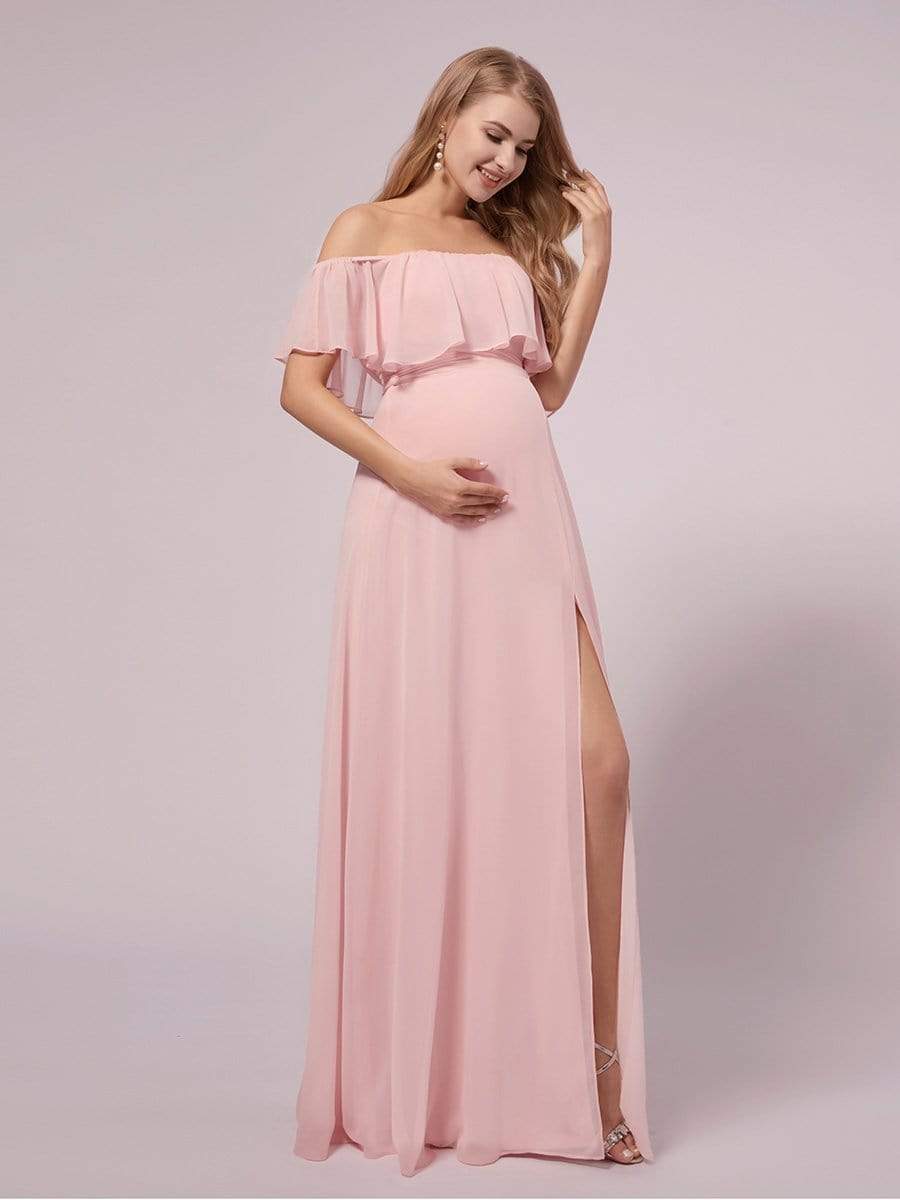 Maxi Chiffon Off the Shoulder Ruffled Maternity Evening Dress #color_Pink 