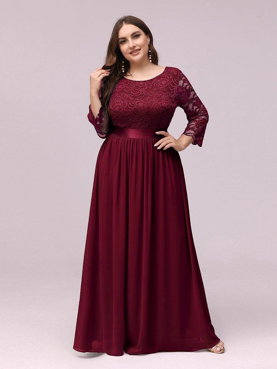 Custom Size See-Through Maxi Lace Evening Dress with Half Sleeve #color_Burgundy