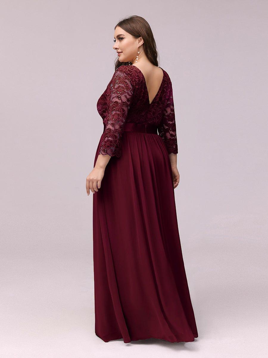 Custom Size See-Through Maxi Lace Evening Dress with Half Sleeve #color_Burgundy