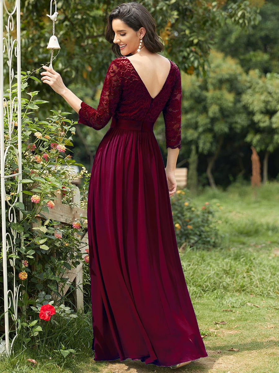 Custom Size See-Through Maxi Lace Evening Dress with Half Sleeve #color_Burgundy