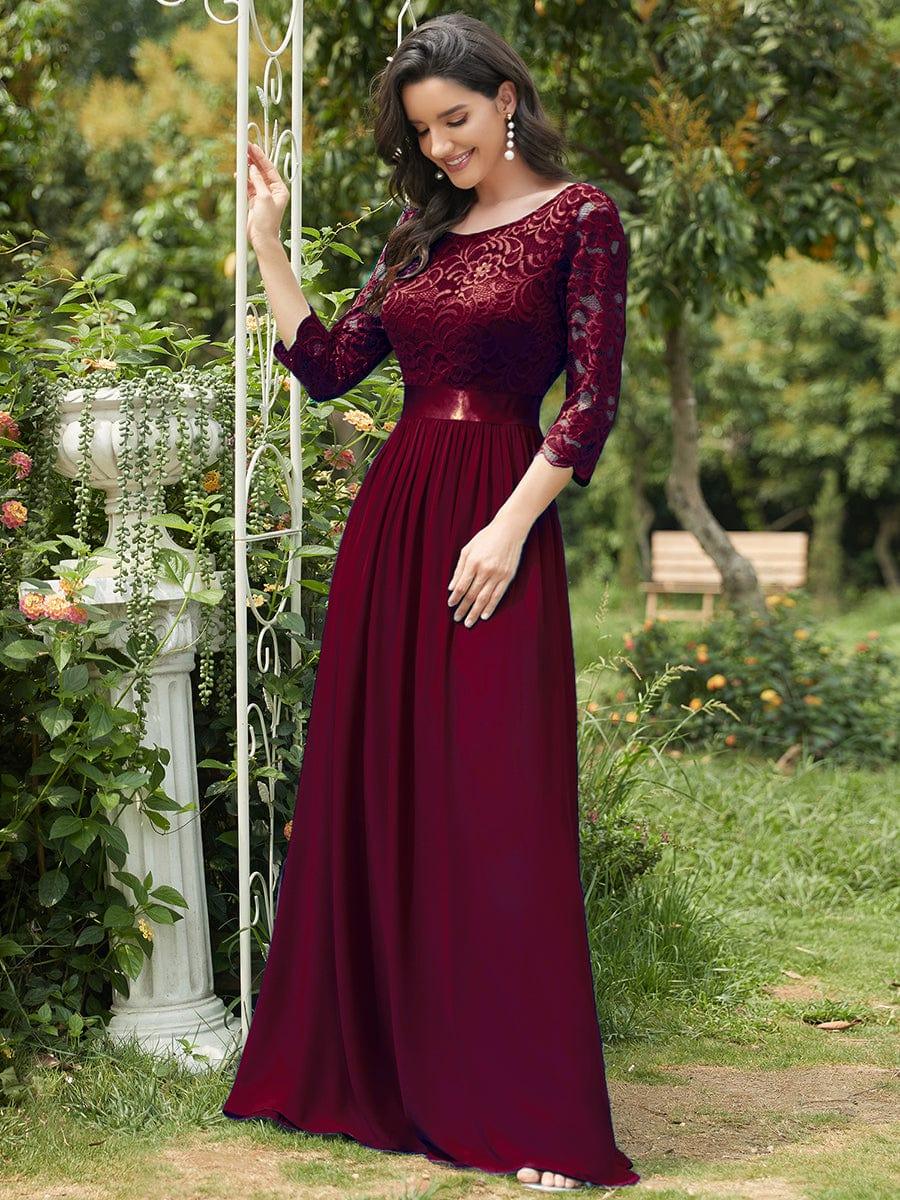 Custom Size See-Through Maxi Lace Evening Dress with Half Sleeve #color_Burgundy