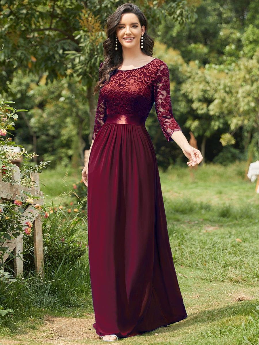 Custom Size See-Through Maxi Lace Evening Dress with Half Sleeve #color_Burgundy