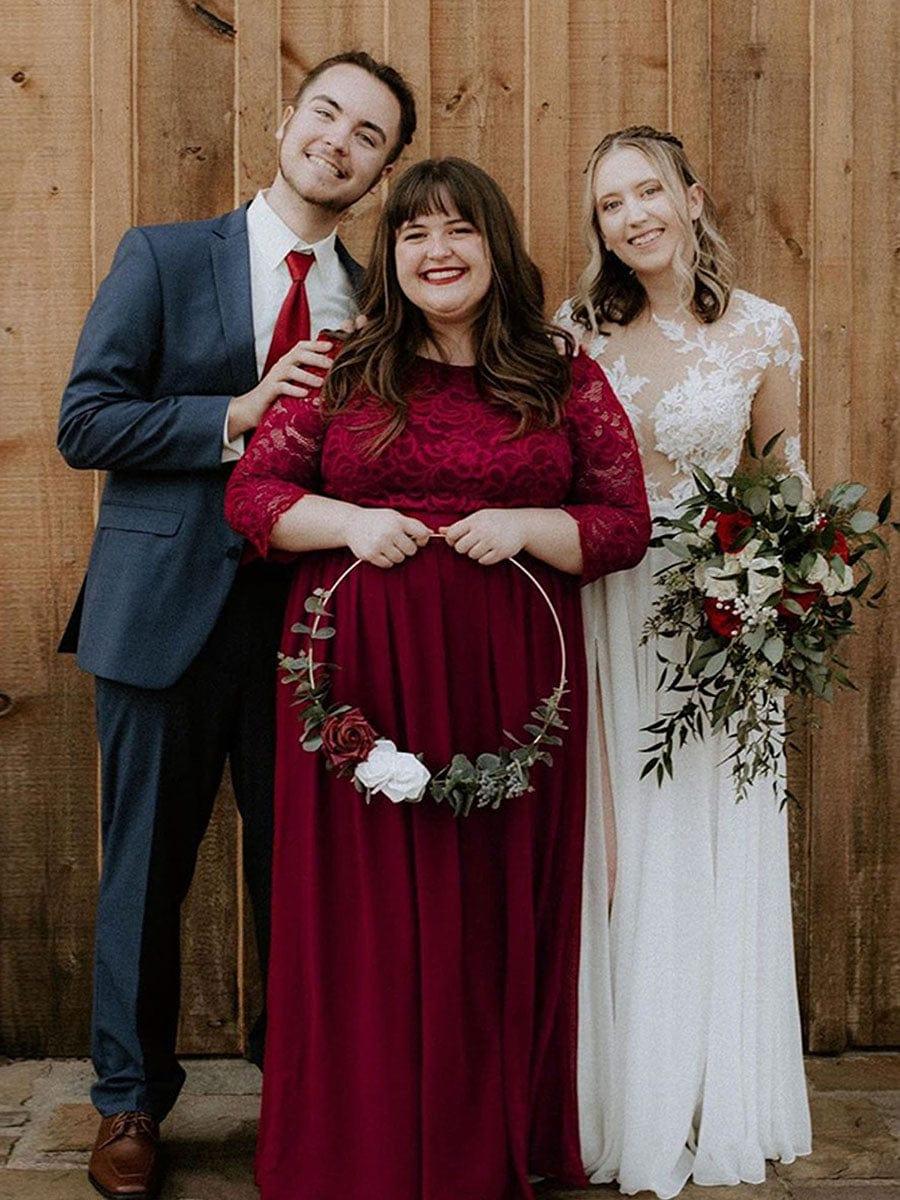 Custom Size See-Through Maxi Lace Evening Dress with Half Sleeve #color_Burgundy