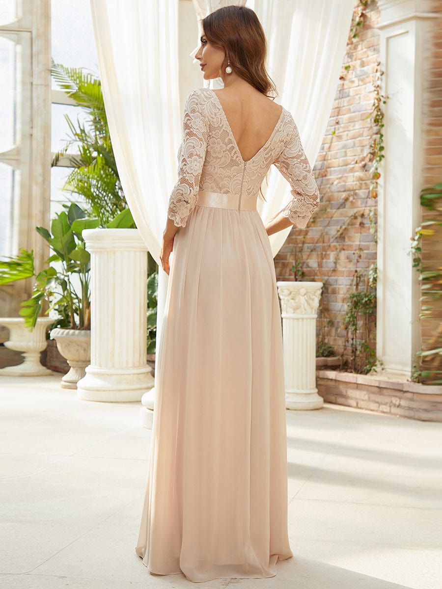 Custom Size See-Through Maxi Lace Evening Dress with Half Sleeve #color_Blush