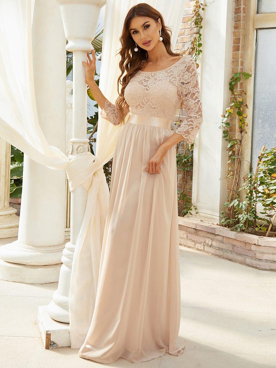 Custom Size See-Through Maxi Lace Evening Dress with Half Sleeve #color_Blush