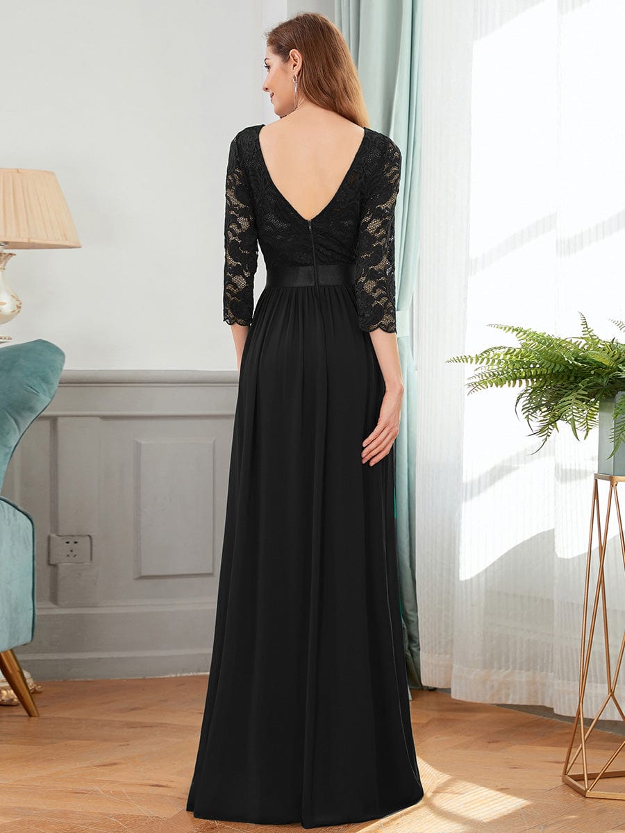 Custom Size See-Through Maxi Lace Evening Dress with Half Sleeve #color_Black