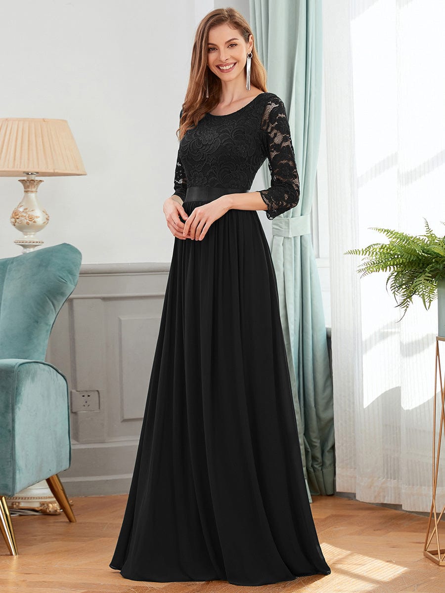 Custom Size See-Through Maxi Lace Evening Dress with Half Sleeve #color_Black