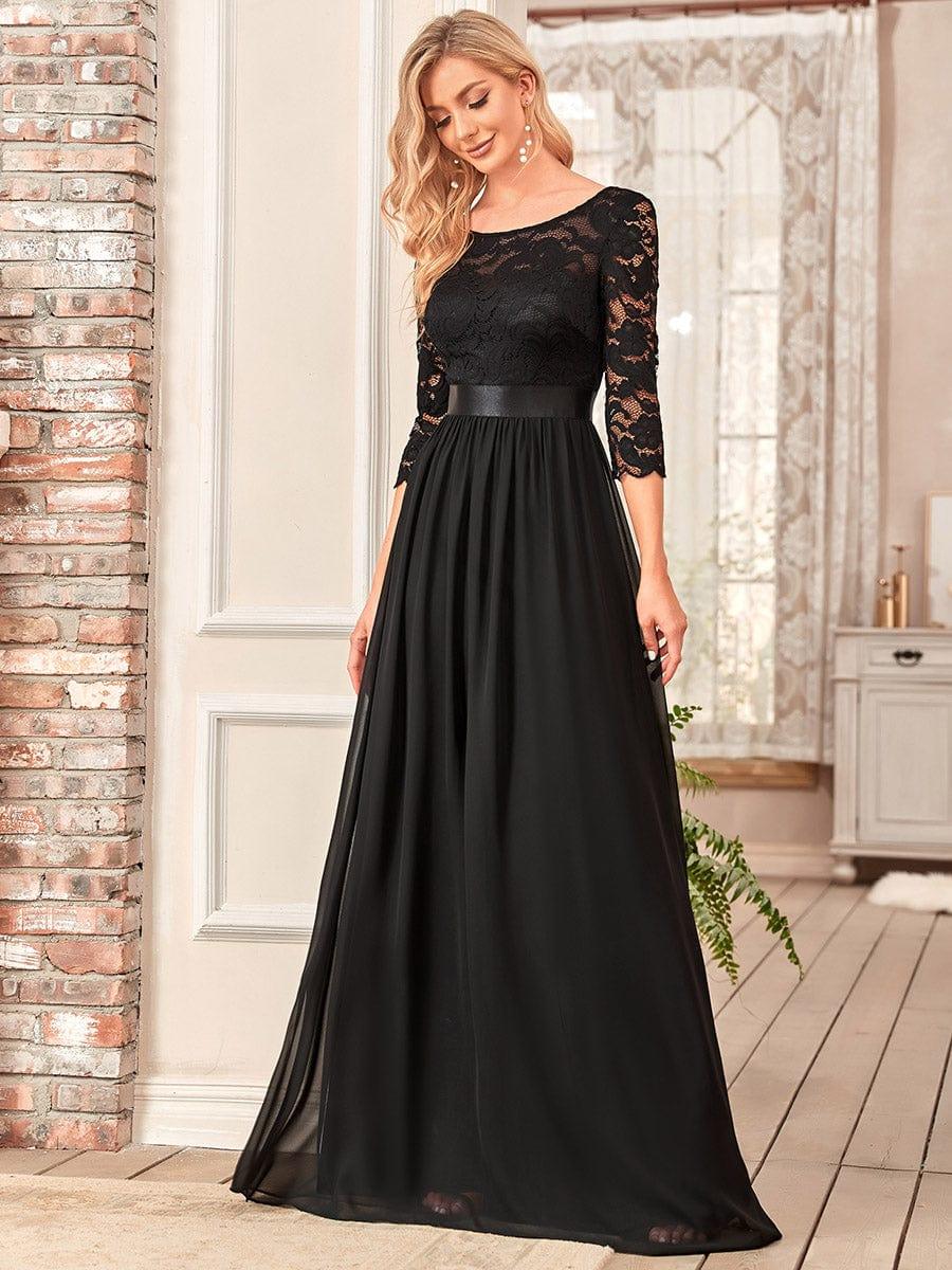 Custom Size See-Through Maxi Lace Evening Dress with Half Sleeve #color_Black