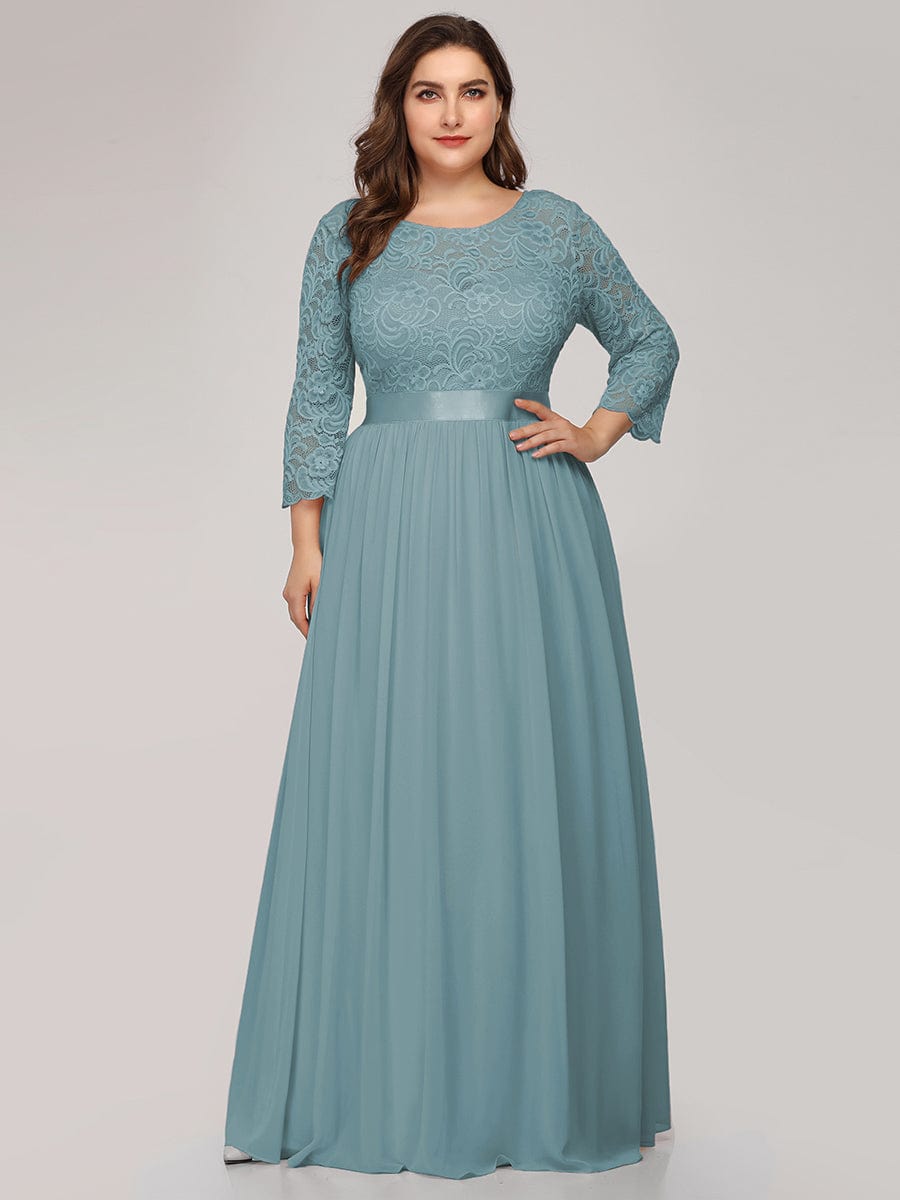 Custom Size See-Through Maxi Lace Evening Dress with Half Sleeve #color_Light Teal