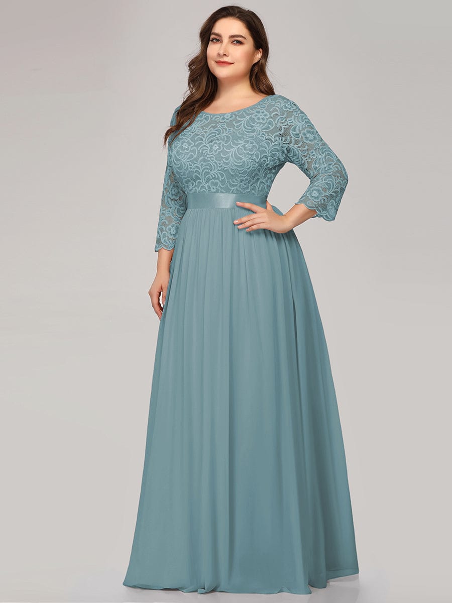 Custom Size See-Through Maxi Lace Evening Dress with Half Sleeve #color_Light Teal