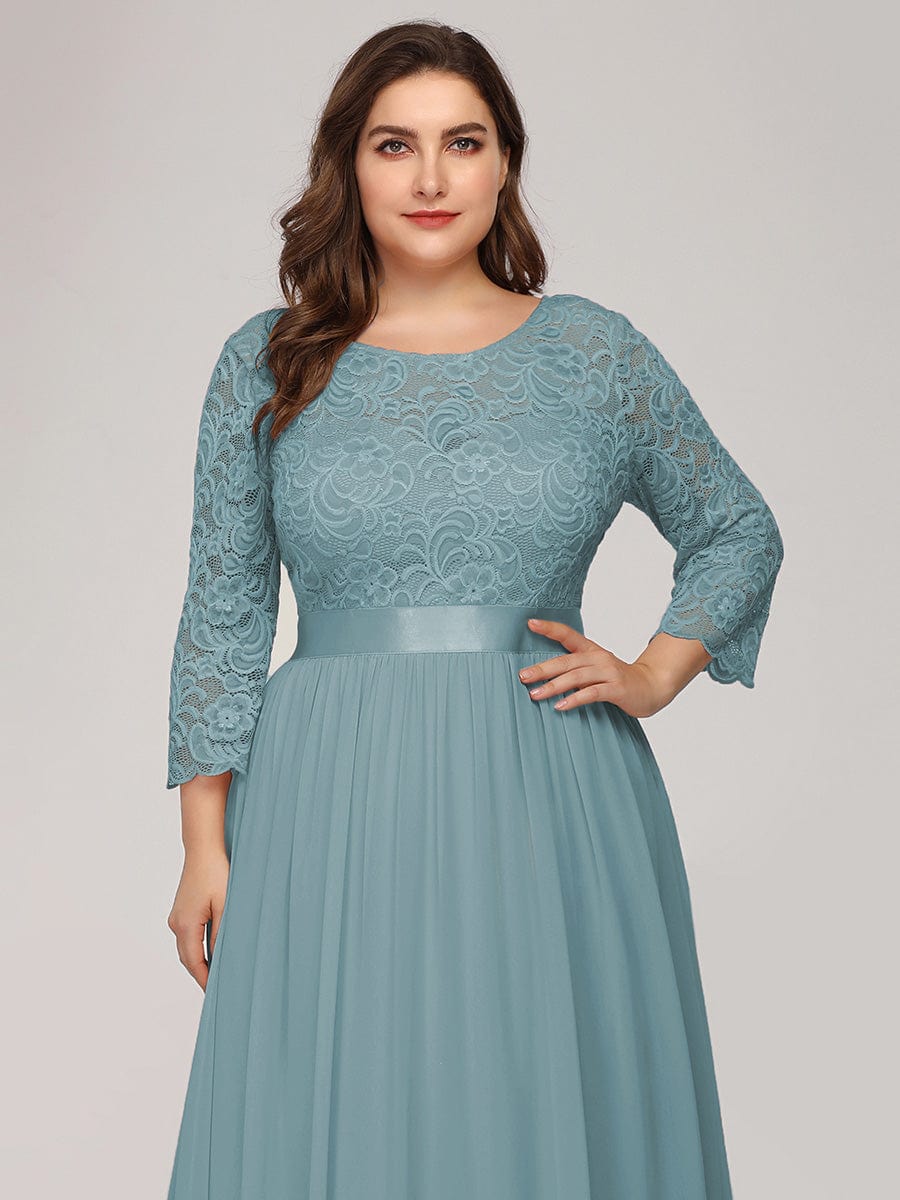 Custom Size See-Through Maxi Lace Evening Dress with Half Sleeve #color_Light Teal